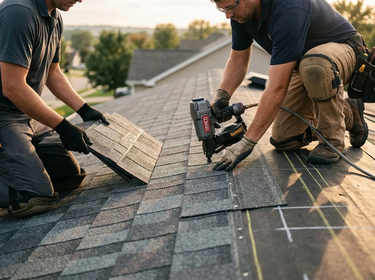 Professional roofer working on a residential roof in Murphy